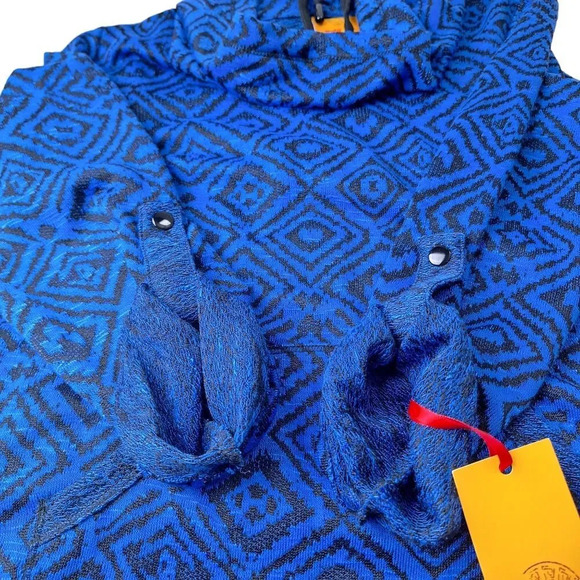 Ruby Rd Petite Med Blue Black Drawstring Cowl Neck Roll-Tab Sweater Top Pocket - Picture 6 of 9